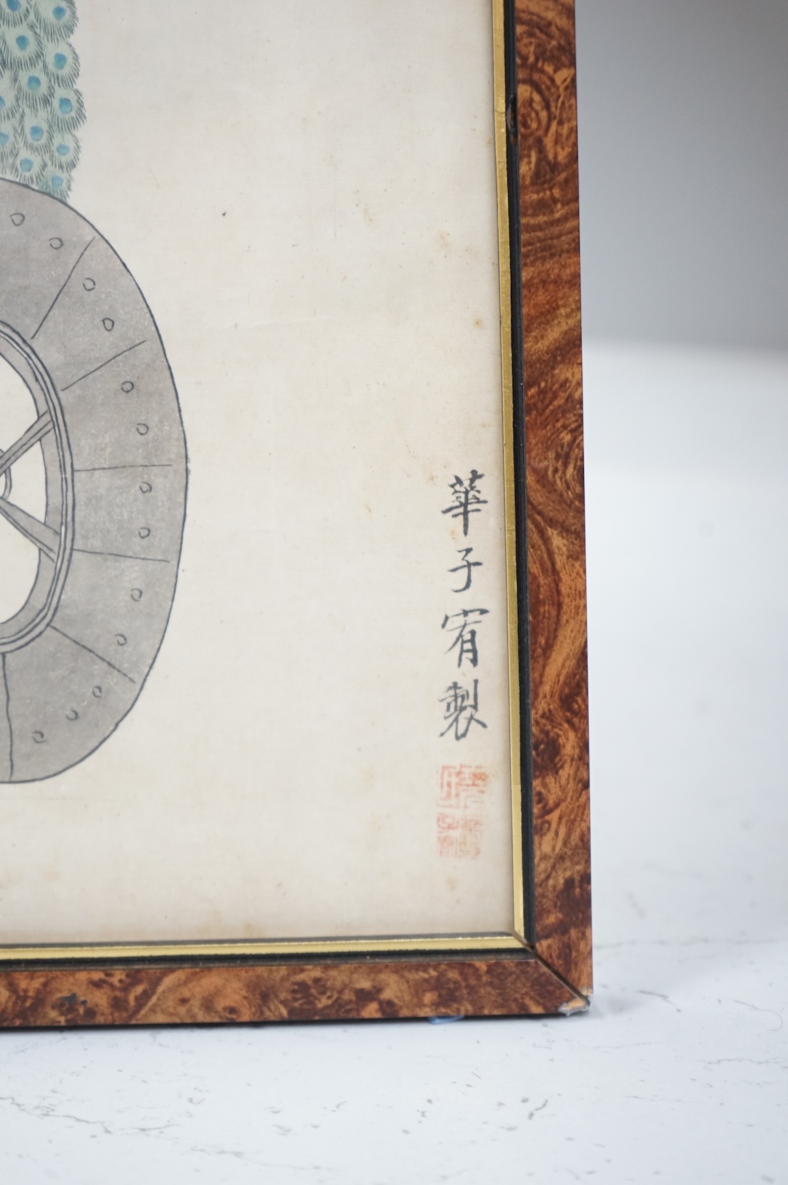 19th century, Chinese School, Figural and animal studies, three watercolours on printed bases, with character marks, 29 x 42cm
